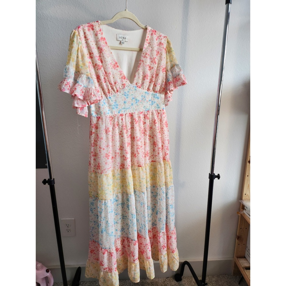 AURA Patchwork Floral Tiered Midi Dress Rainbow Pastel V Neck Flutter Sleeve